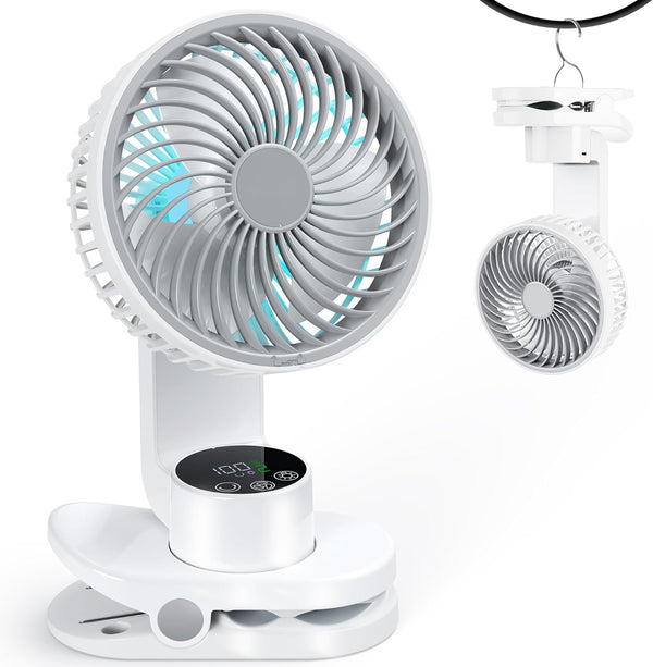 Small desktop fan, rechargeable clip-type fan, 9-speed automatic oscillating desktop fan, with LED ambient light