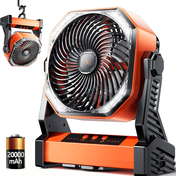 Camping LED Fan with Light,20000mAh Rechargeable Battery Powered Outdoor Tent Fan with Light and Hook, 4 Speed
